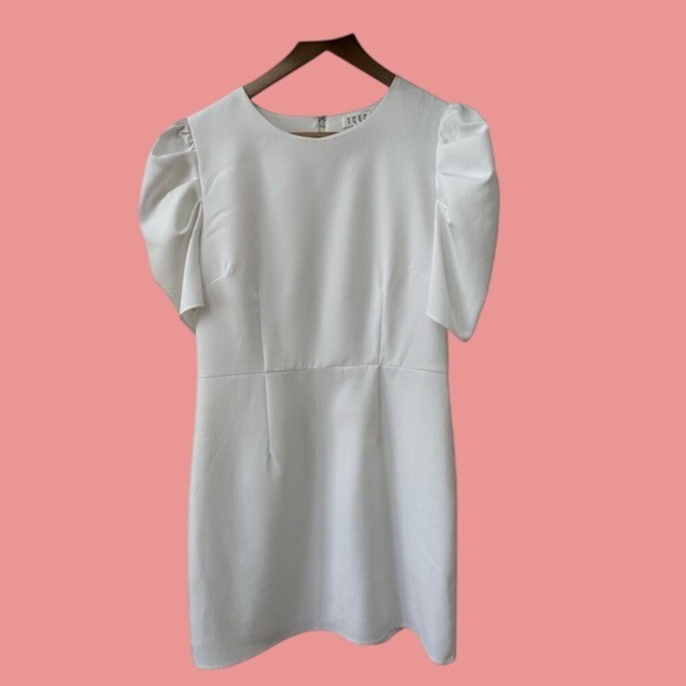 TCEC Mini Dress Size Large White Puff Sleeve Pleated Crepe Round Neck Shift